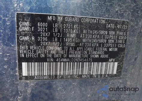 2022 Subaru Ascent Limited from USA, damaged, VIN 4S4WMALD2N3454075